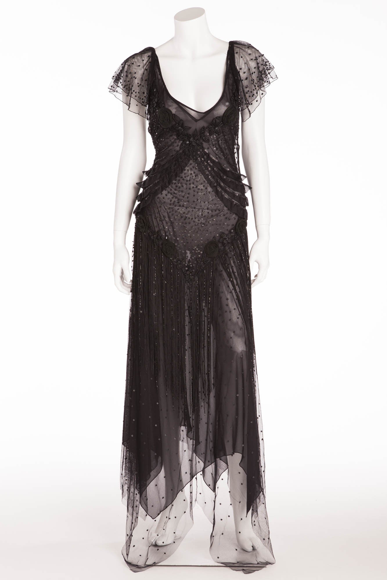 Blumarine - Editorial, Black Lace Long Dress with Sequins and Fringe - IT 42