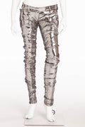Balmain - NWT Unique Motorcycle Leather Reptile Texture Silver Skinny Jeans - FR 40