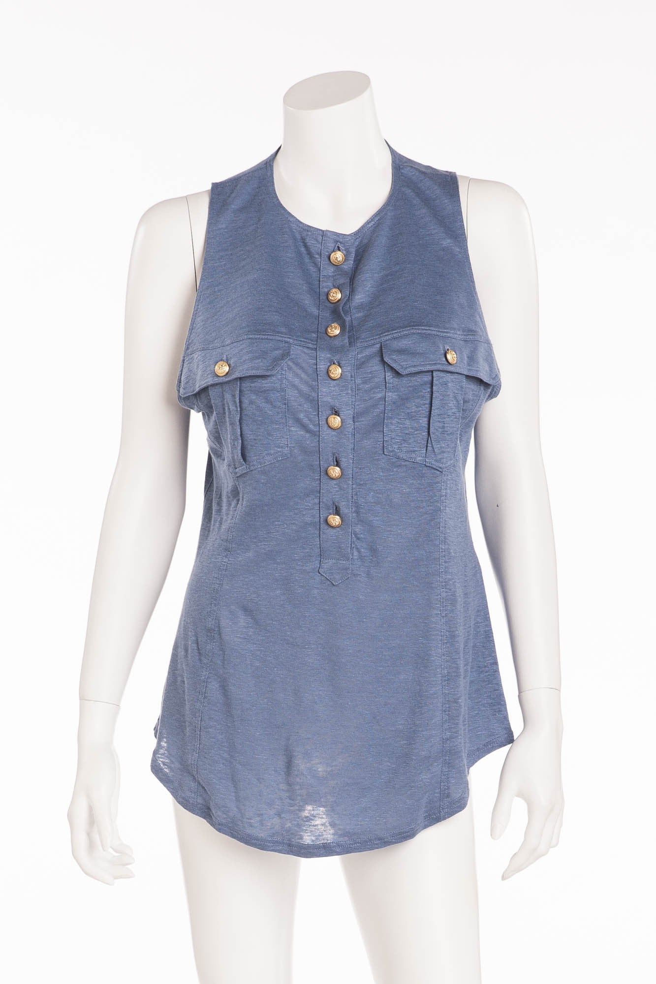 Balmain  - Light Blue Linen Tank Top Gold Buttons - FR 42