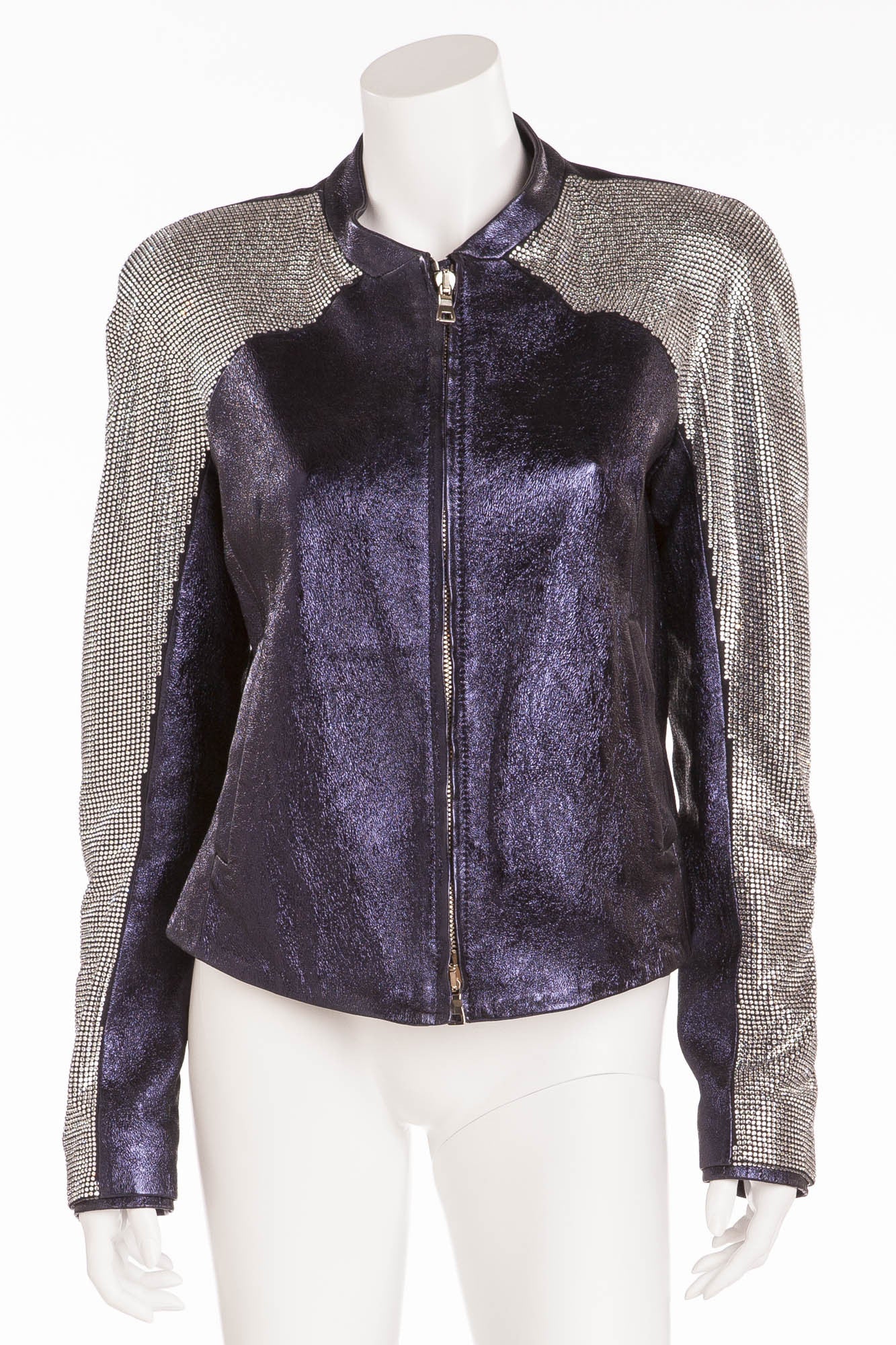 Balmain - Unique New with Tags Navy Blue Pearlescent Leather Jacket w/Rhinestone Arms - FR 40
