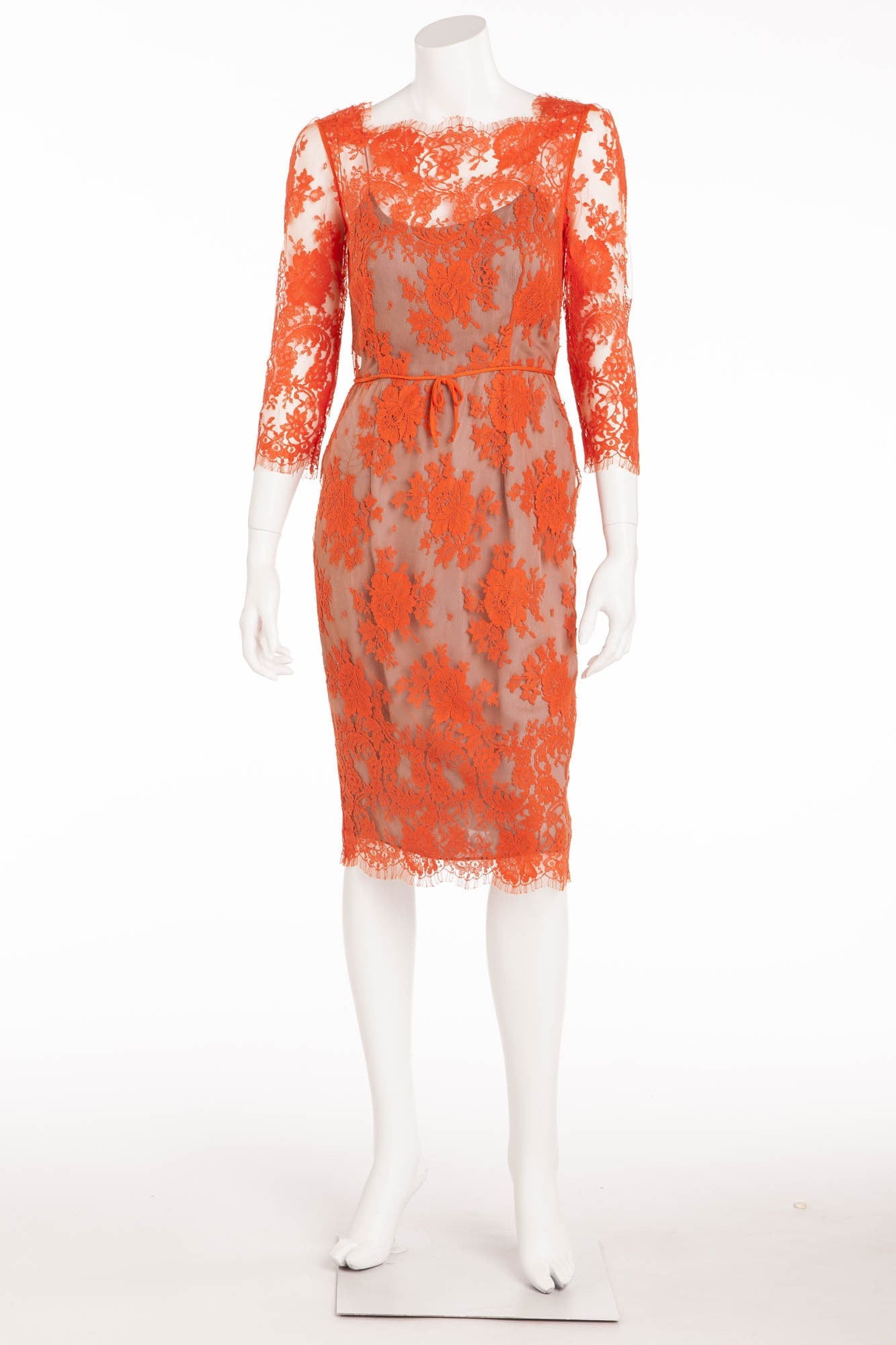 Carolina Herrera - Long Sleee Dress Orange Lace with Nude Underlay - US 4