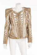 Balmain - Editorial Unique New With Tags White Leather Jacket with Gold Embellishments and Rhinestone Fringe - FR 42