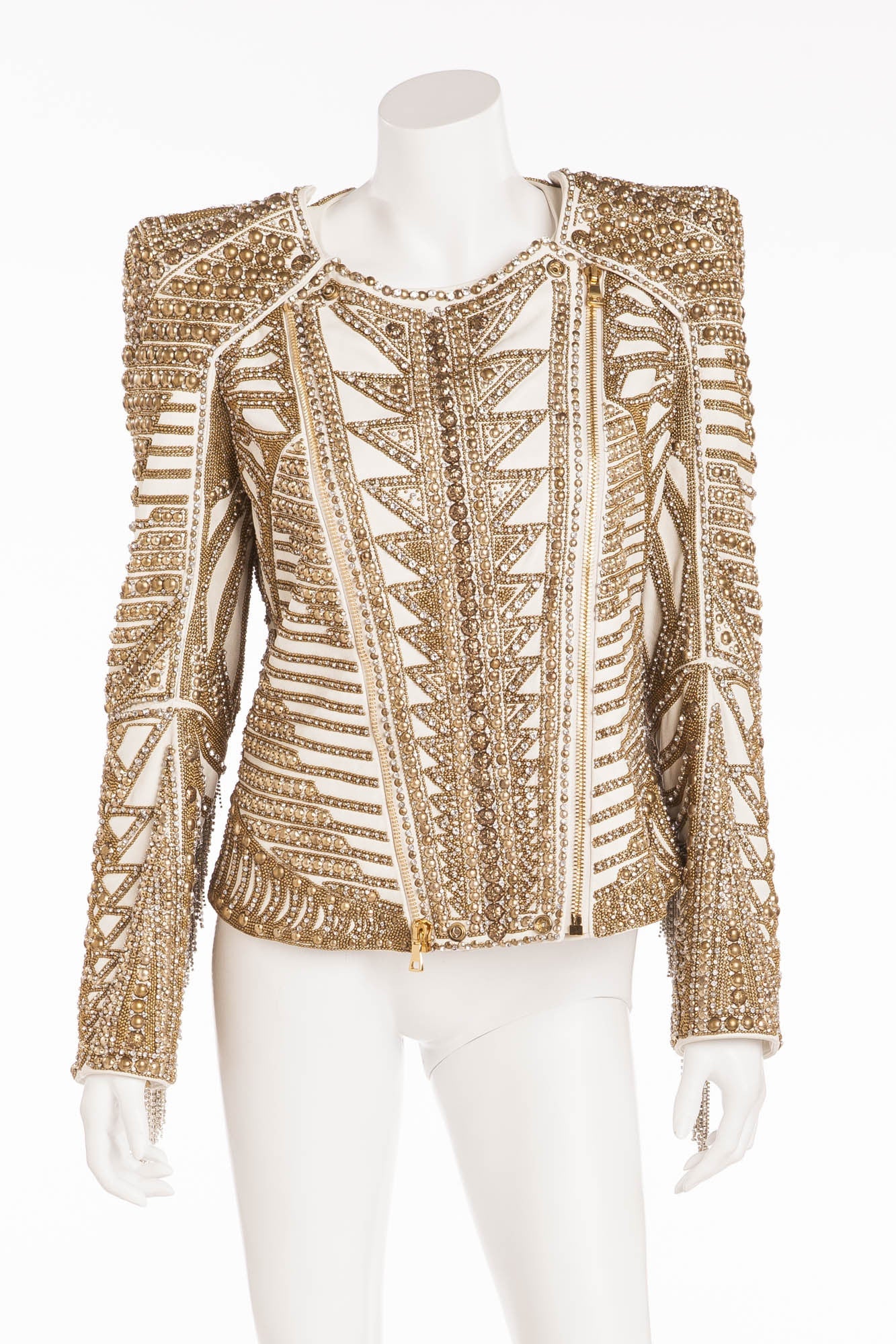 Balmain - Editorial Unique New With Tags White Leather Jacket with Gold Embellishments and Rhinestone Fringe - FR 42