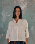Boxy Cropped, Button up, Linen Blouse No.22 in Cream Pinstripe