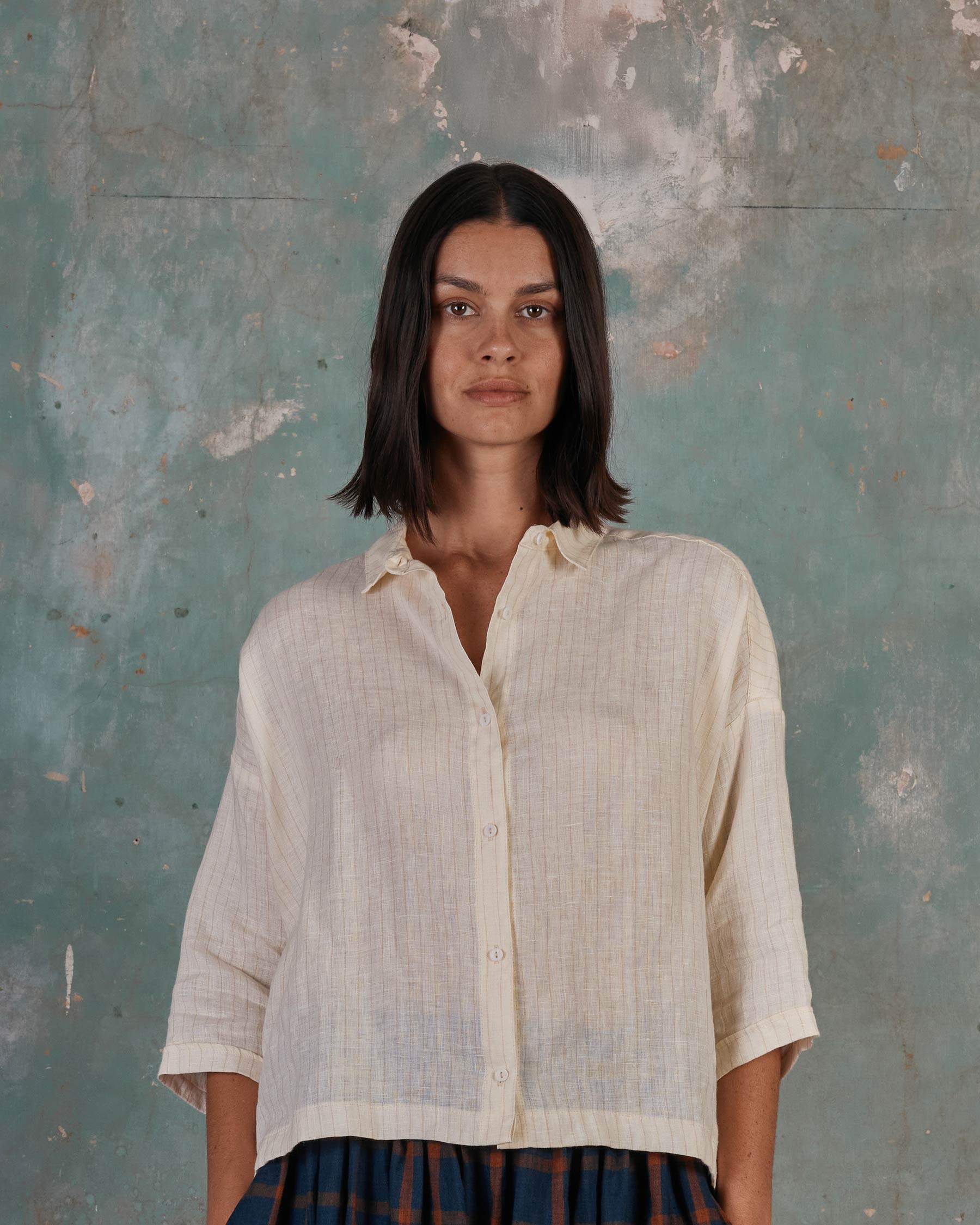 Boxy Cropped, Button up, Linen Blouse No.22 in Cream Pinstripe