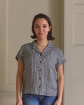 V-Neck Linen Blouse No.19 in Navy Gingham