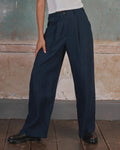 Wide Leg, Pleated Linen Trousers No.16 in Mariner Blue