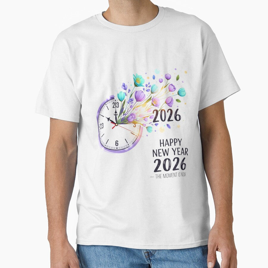 Happy New Year 2026 Floral Clock Countdown Classic T-Shirt White