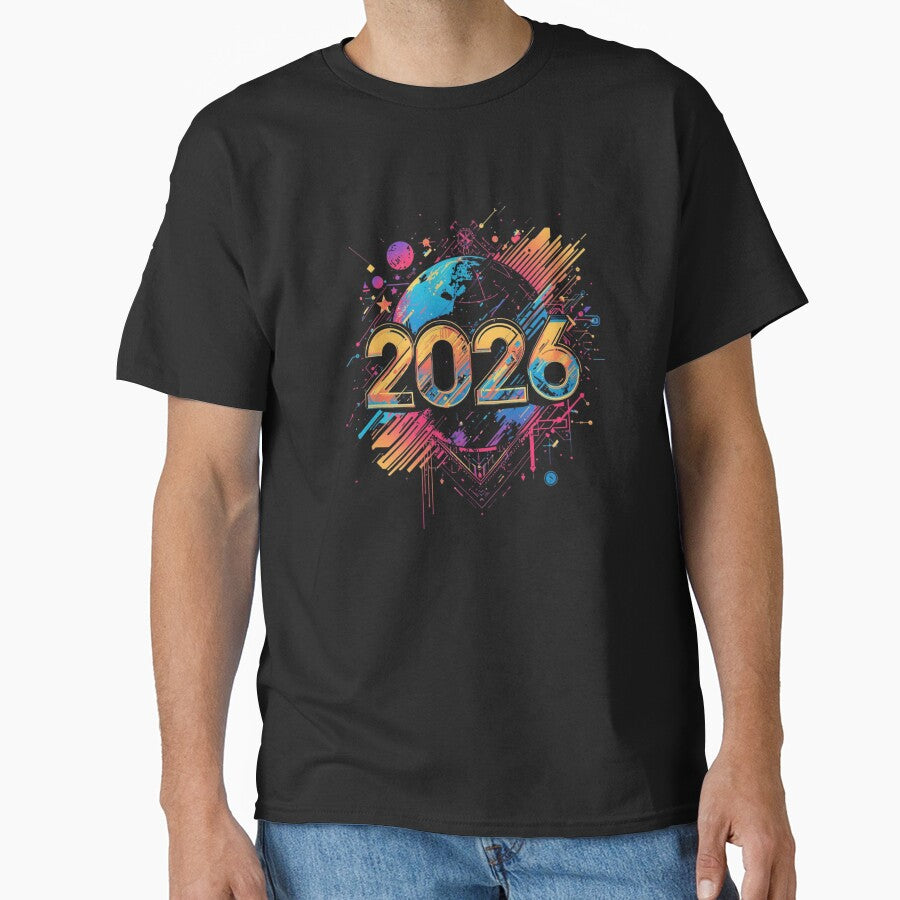 Futuristic World 2026 Shirt – Colorful Sci-Fi New Year Design Black