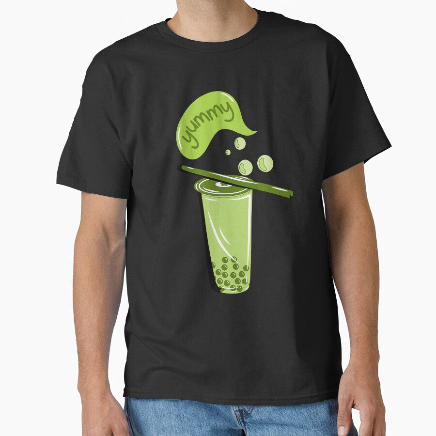 Boba Milk Matcha Tea Pattern Tee Green Tea Lover Repeat Print Black