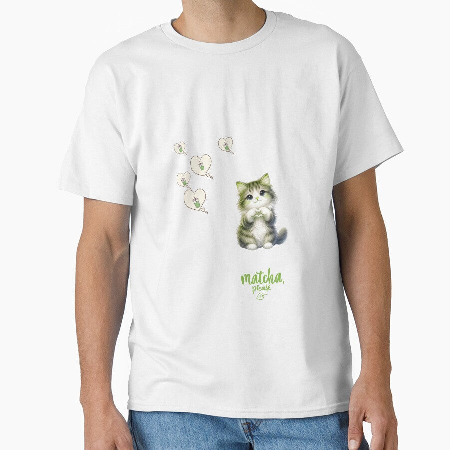 Kawaii Matcha Cat Graphic Tee Cute Green Tea Aesthetic Gift White