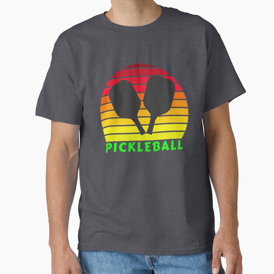 Pickleball Paddle Sunset Retro Sports Apparel Graphic Tee Denim Heather