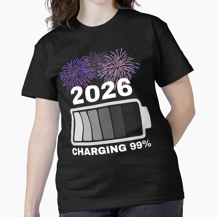2026 Loading Battery Shirt – Funny 99% Charging New Year Tee Black