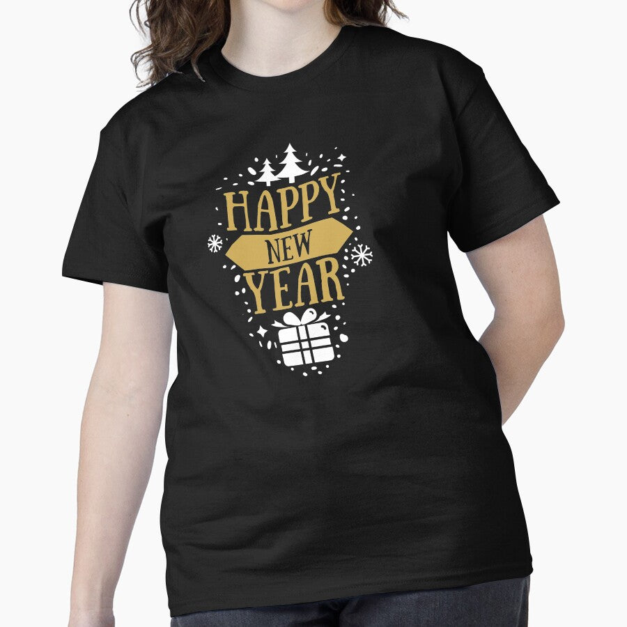 Happy New Year Classic Minimalist Holiday Party Festive Shirt Black