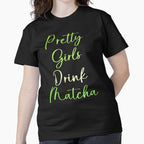 Funny Matcha Tea Girl Tee Cute Character Drinking Matcha Top Black