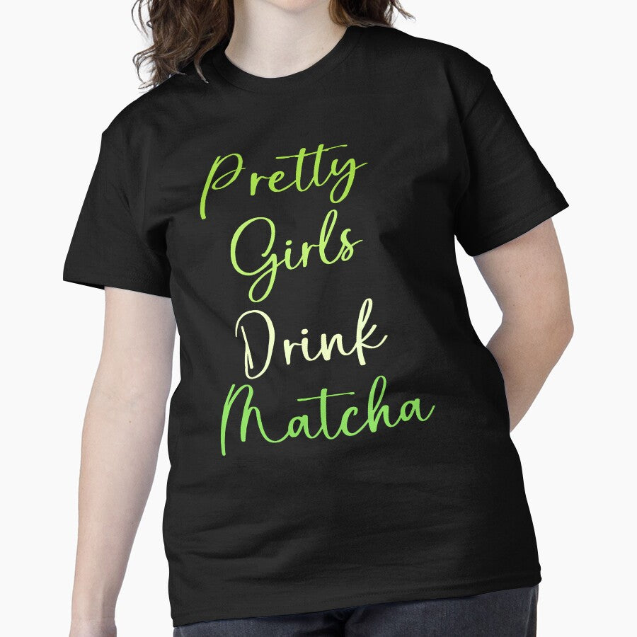 Funny Matcha Tea Girl Tee Cute Character Drinking Matcha Top Black