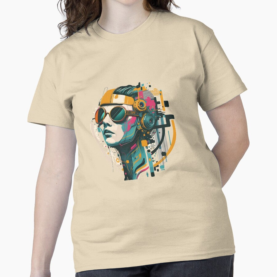 Cyber Tech Aesthetic Oversized T-Shirt Futuristic Digital Culture Tee Sand