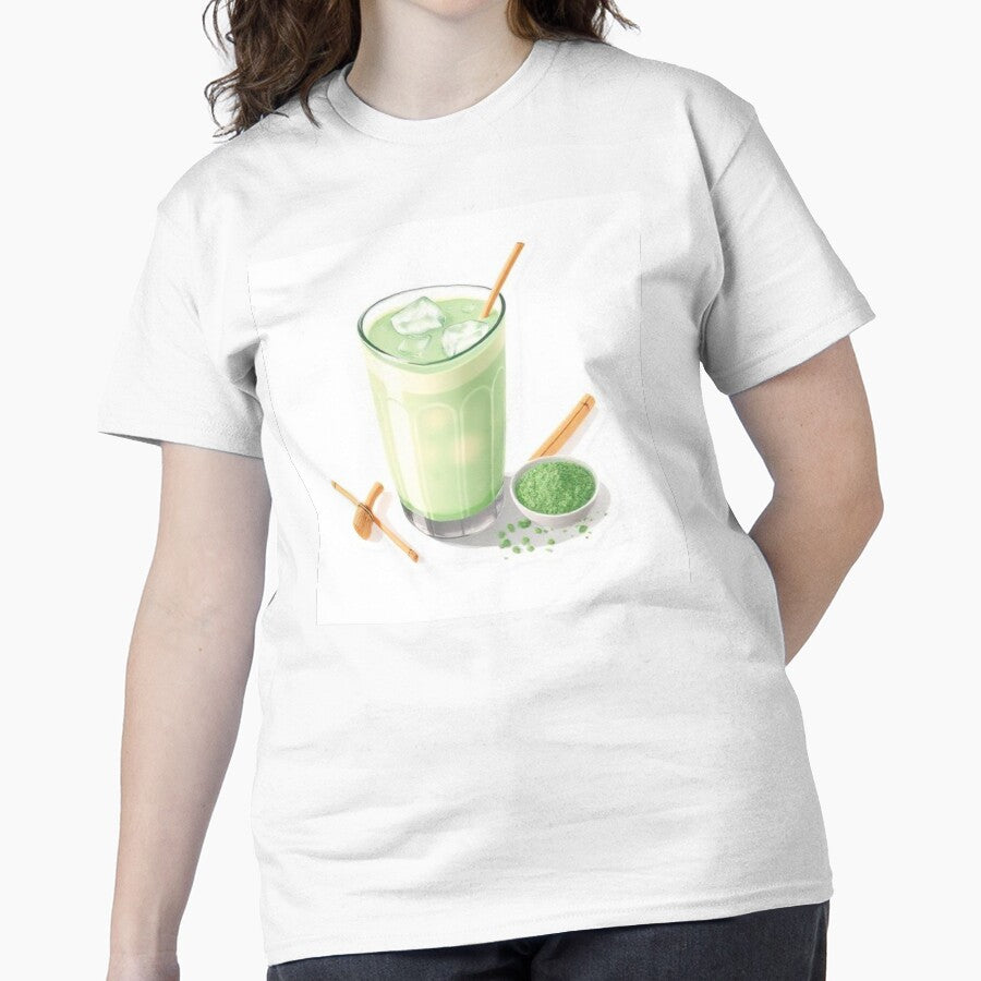 Iced Matcha Latte Illustration Tee Fresh Green Tea Drink Art White