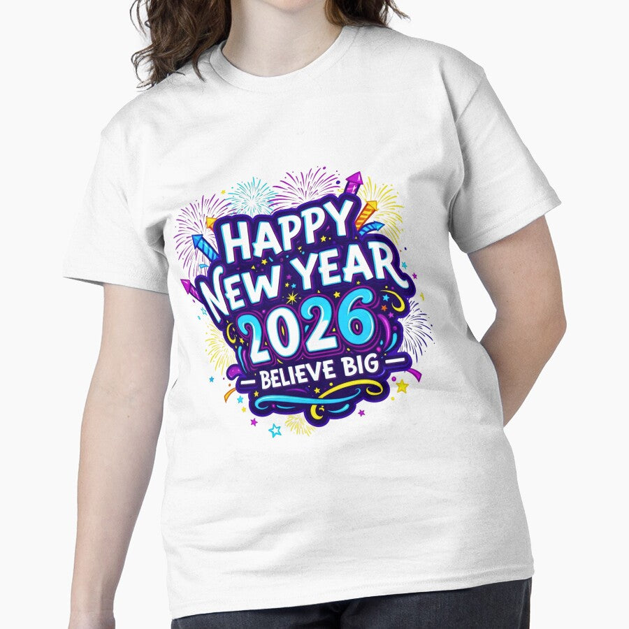 Vibrant Happy New Year 2026 Fireworks Graphic Classic T-Shirt White